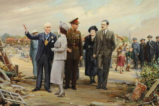 &ldquo;George VI and Queen Elizabeth Inspecting Air Raid Damage at Perivale, 27th September 1940&rdquo; by Margaret Dovaston. Picture: Ealing Central Library