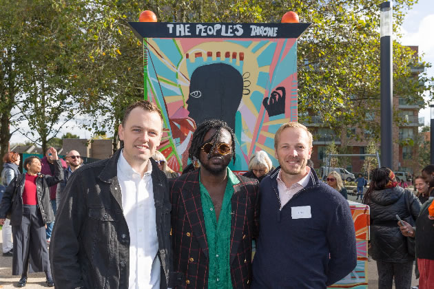 Cllr Peter Mason with the artist and Daniel King of Countryside Partnerships 