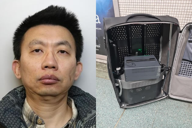 Left: Zhijia Fan. Right: The device used in a suitcase with holes in it.