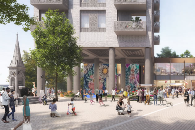 Visualisation of Brentford Works Scheme looking east along the A4/M4 submitted with the application