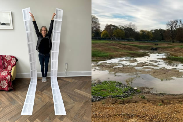 Zoe Dobson with the petition (left) and the drainage pond in Lammas Park 