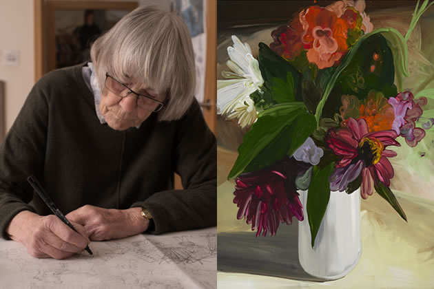 Left: Marthe Armitage. Photo by Jonathan Taylor. Right: Clare Woods, Woolworths Roses, 2023