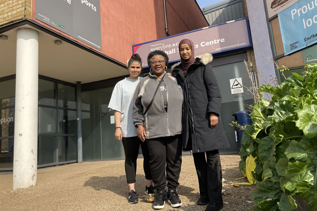 Zainab Hasan, Angela Fonso and Farhia Jama outside Southall Sports Centre