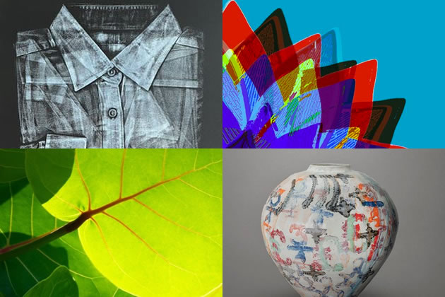 Clockwise from top left: Sally Grumbridge's starched shirt, pop-art from Louise Richards, pottery from Roz Wallis and Anna Booth's photography 