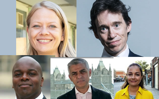 Sian Berry - Green, Rory Stewart, Siobhan Benita - Lib Dem, Sadiq Khan, Shaun Bailey - Conservative