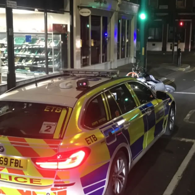 Moped Rider Mounts Pavement in Hammersmith Road Chase