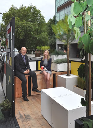 Assistant Director of Strategic Transport, Nick O'Donnell and Ceri James, Senior Transport Planner at the new parklet