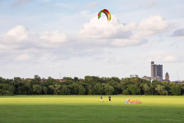 A kite flying above Wormwood Scrubs